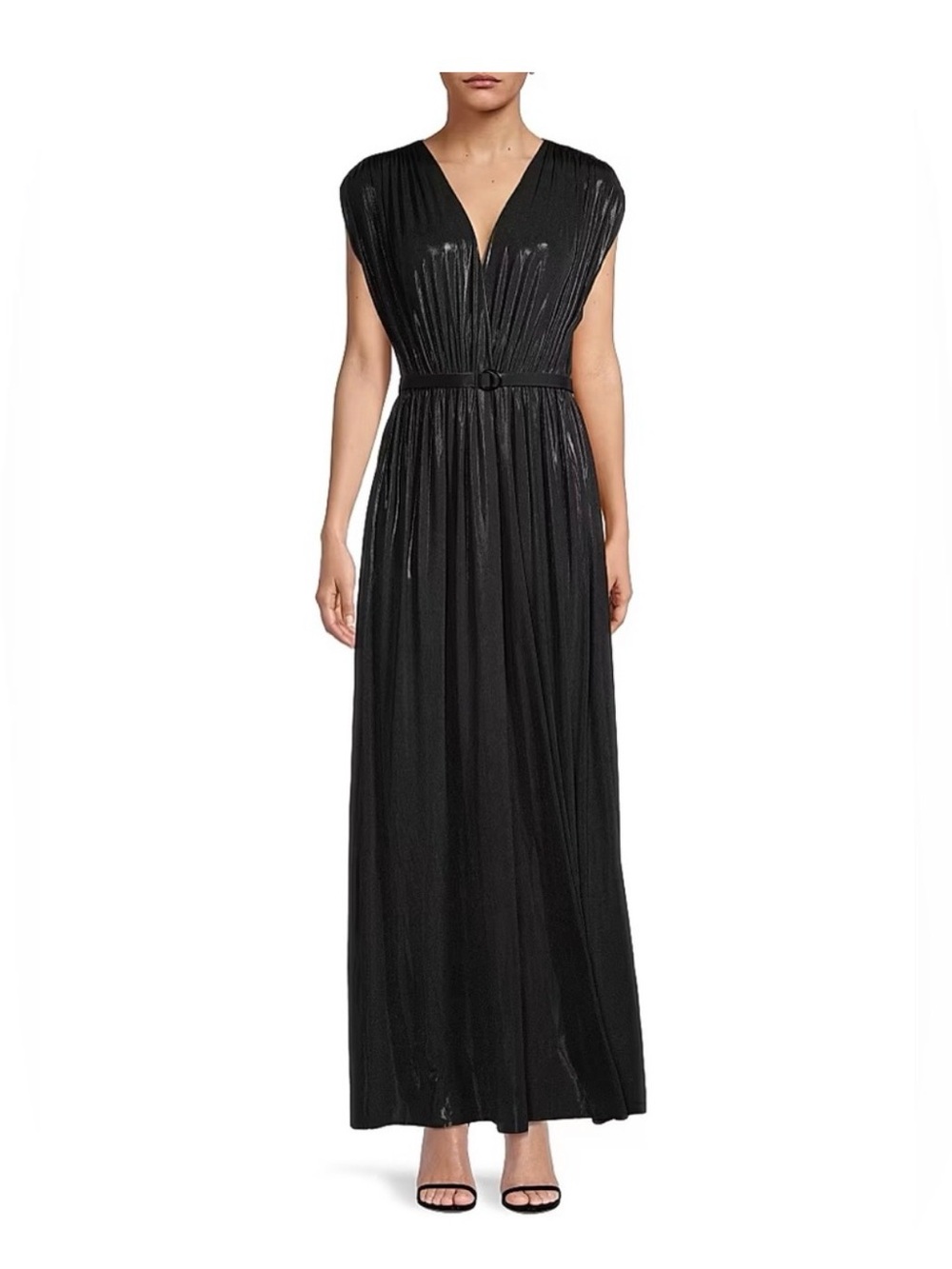 REVOLVE Black Pleated V-Neck Maxi Gown with Belt
